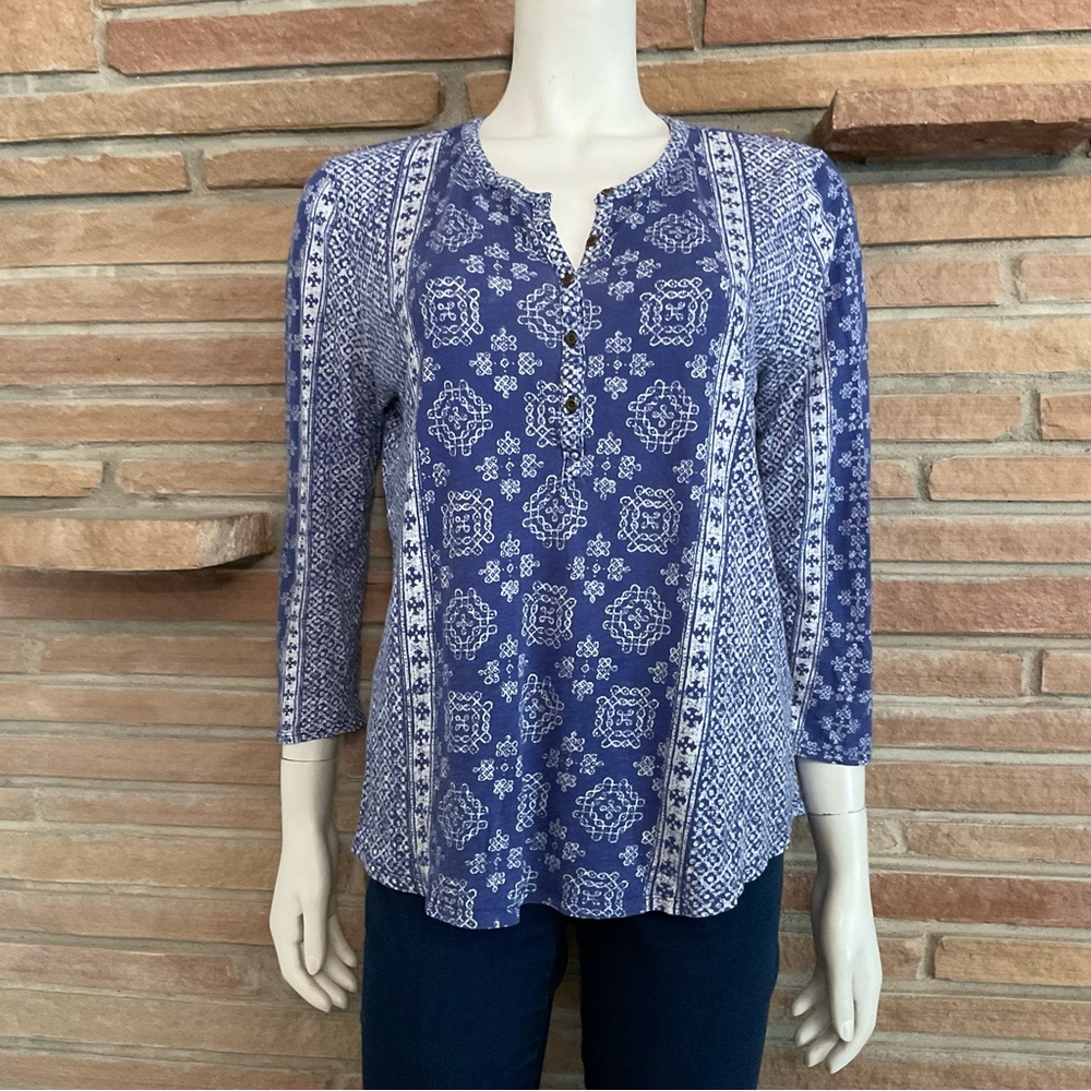 Lucky Brand Blue White 3/4 Sleeve Boho Top Large - Flaws